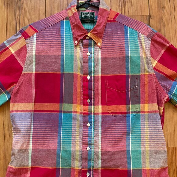 Gitman Vintage Pink Big Madras Check Short Sleeve Button Down, Sz XL - Picture 3 of 9